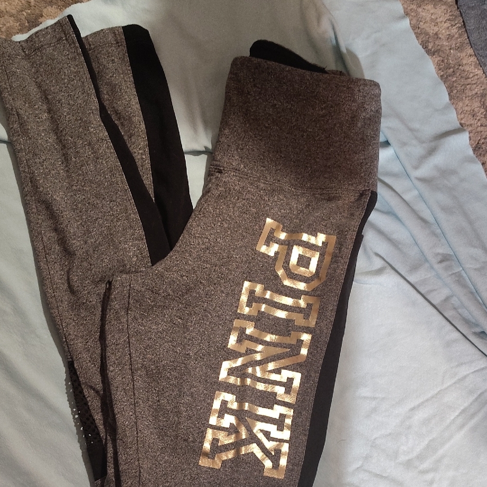 Victoria's Secret Charcoal and Black Leggings with Gold Logo